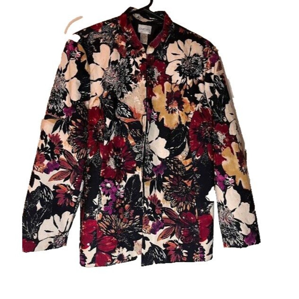 Chico's Jacket M Black Pnk Beige Floral Nehru Collar Dress Autumn Corpcore